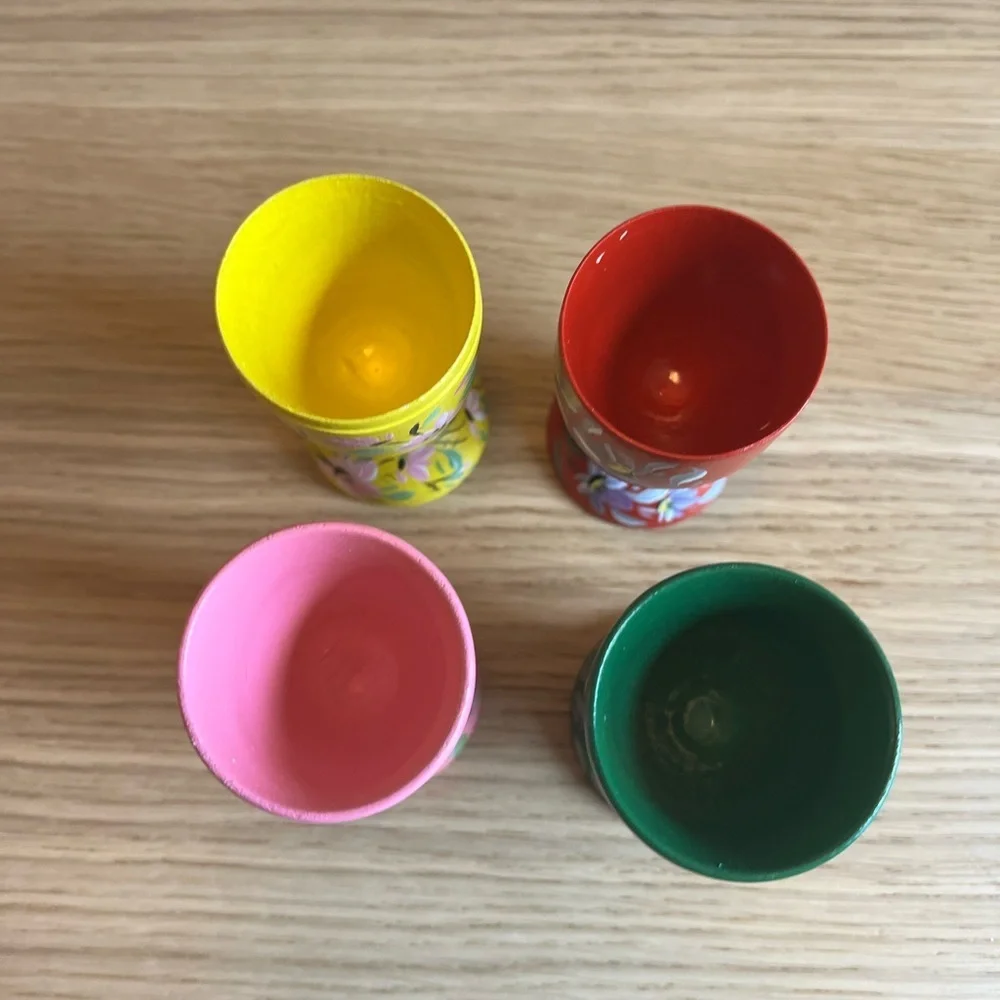 Set of 4 Hand-Painted Wooden Hungarian Farmhouse Egg Cups – Floral Vintage Decor
